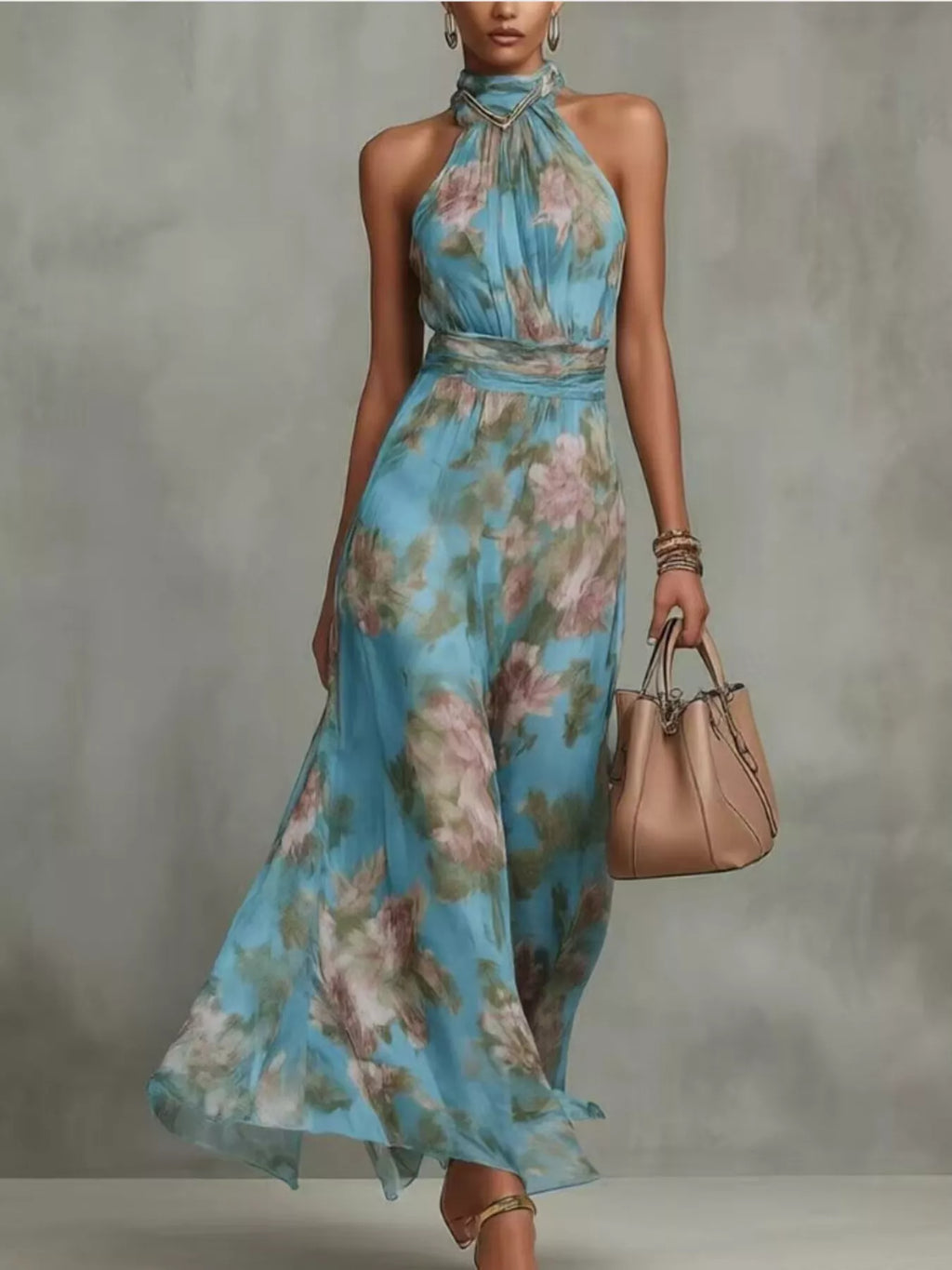 Plus size floral print sleeveless maxi dress by Trendsi, full-length dress with vibrant floral pattern and flowing silhouette.
