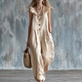 Women's sleeveless button-down tank jumpsuit by FitiqueFit, casualwear with a relaxed fit and stylish design.