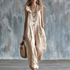 Women's sleeveless button-down tank jumpsuit by FitiqueFit, casualwear with a relaxed fit and stylish design.