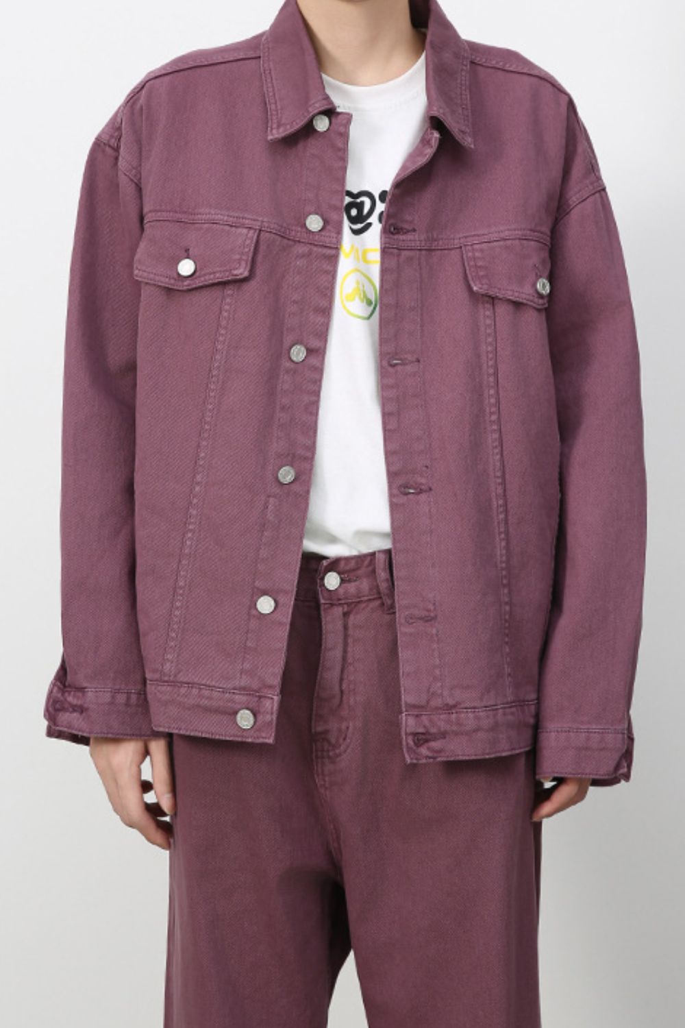 Men's VYSN denim jacket with dropped shoulders, button-up style, casual fashion clothing, shown in a close-up image.