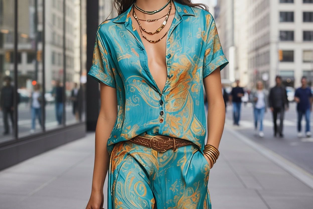 Women’s bohemian printed resort two-piece casualwear set by FitiqueFit with 3/4 sleeve shirt and matching pants, vibrant and comfortable.
