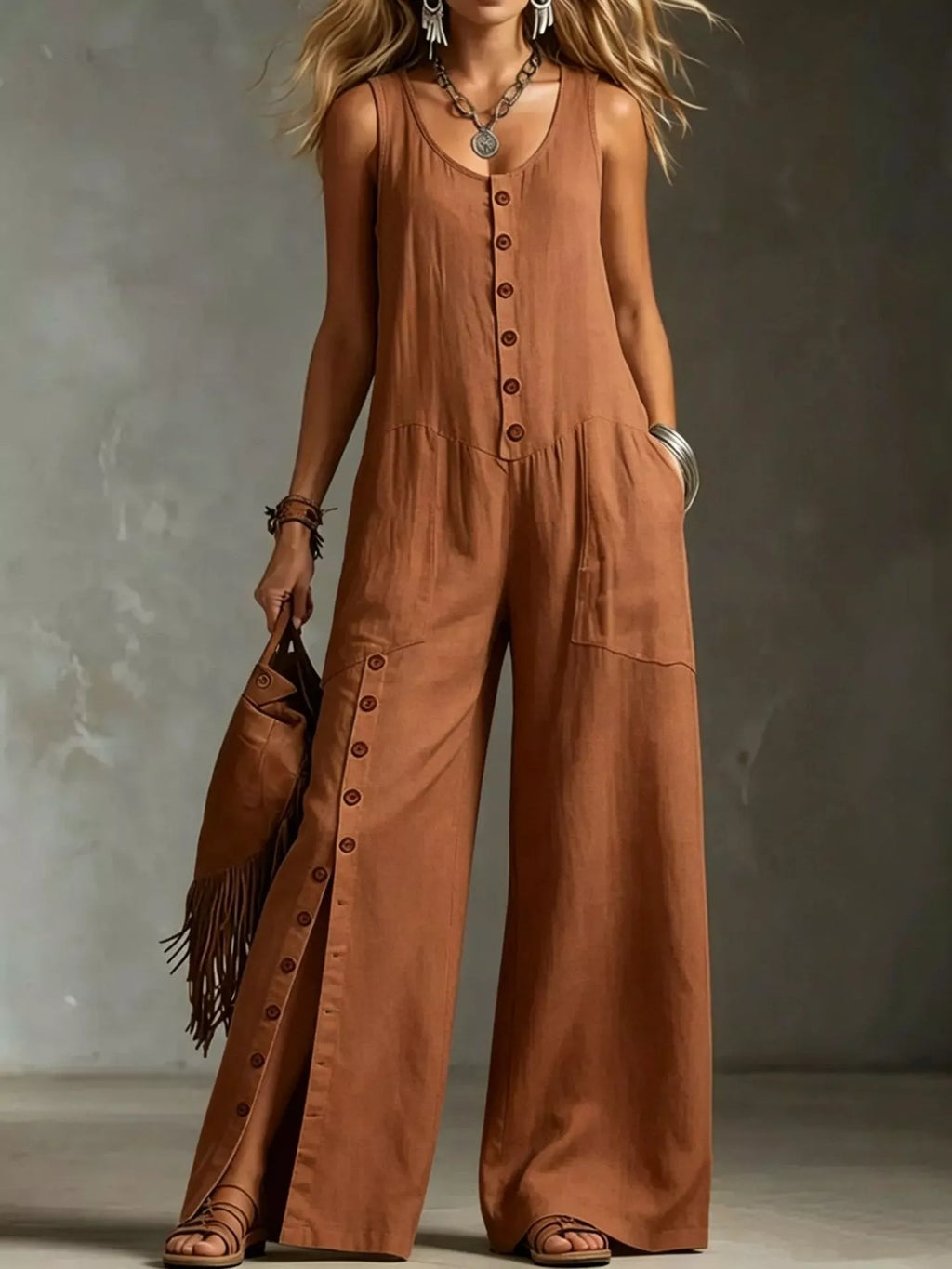 Plus size sleeveless button-front jumpsuit with wide-leg pants, stylish and comfortable from Shopimist.