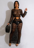 Plush Fashion Hub sequin mesh cutout maxi dress featuring shimmering sequins, sheer mesh fabric, and stylish cutout design.