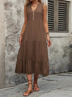 Ivy Lane women's sleeveless button-down dress with notched neck, made of 100% cotton, in a stylish and casual design.