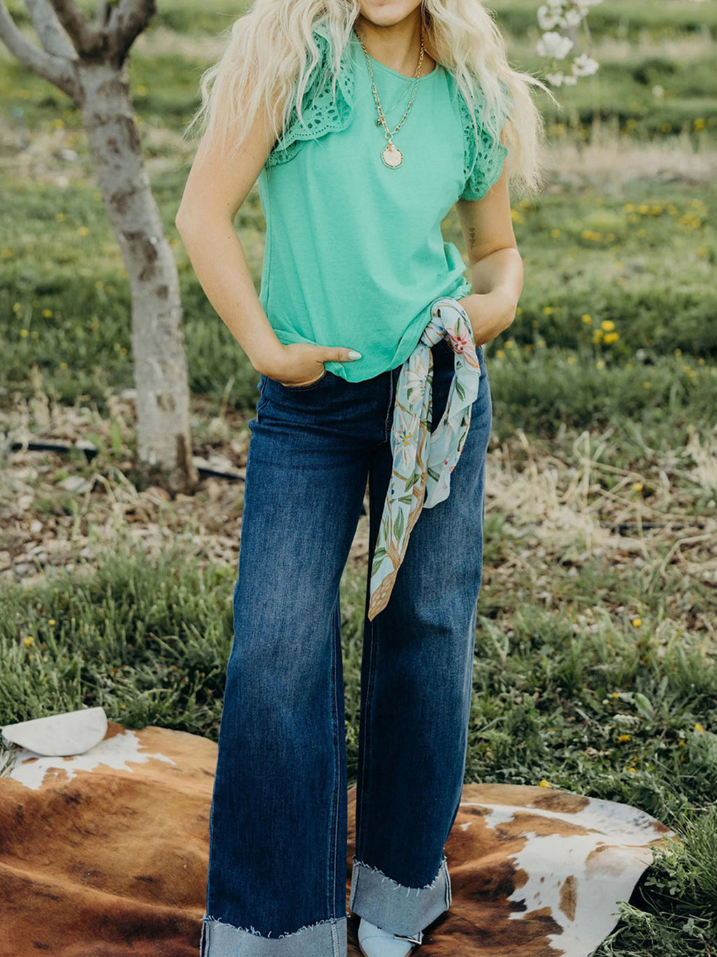 Ruffled eyelet lace cap sleeve top with cutout detail from Trendsi, featuring floral eyelet fabric and feminine ruffle accents.