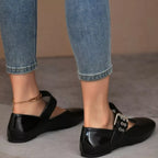 Shopimist round toe flats loafers in black leather with a sleek design and comfortable slip-on style.
