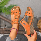 Open toe wedge sandals by Shopimist featuring a stylish design with ankle straps and a cork platform.