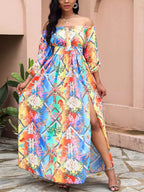 Printed off-shoulder maxi dress with slit from Shopimist, featuring a flowing design and vibrant pattern, perfect for summer wear.