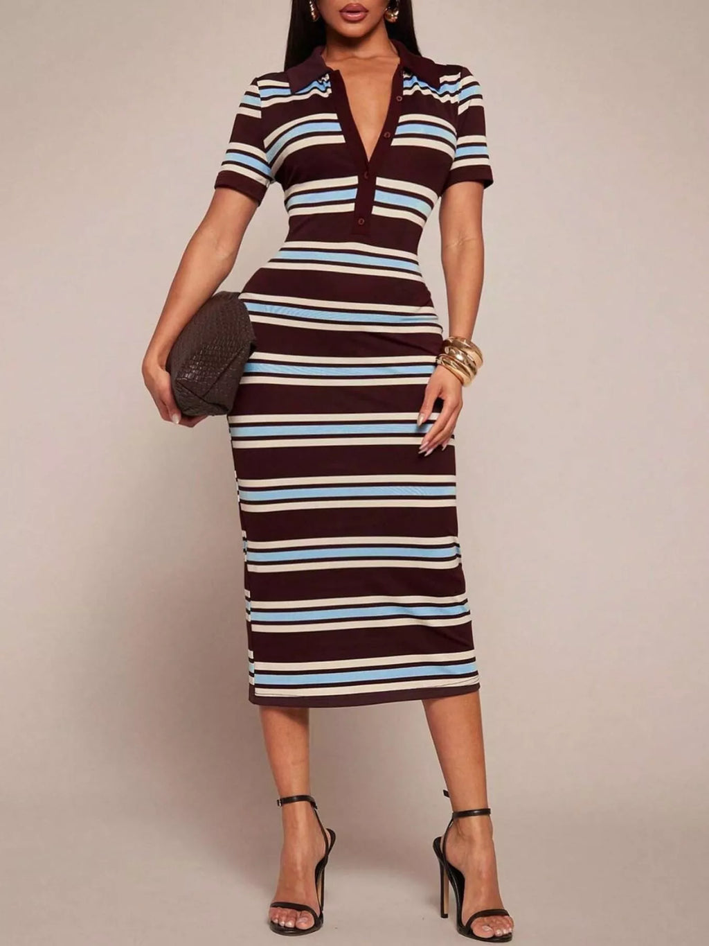 Shopimist striped polo collar midi dress featuring a fitted silhouette, bold horizontal stripes, and a classic polo neckline.
