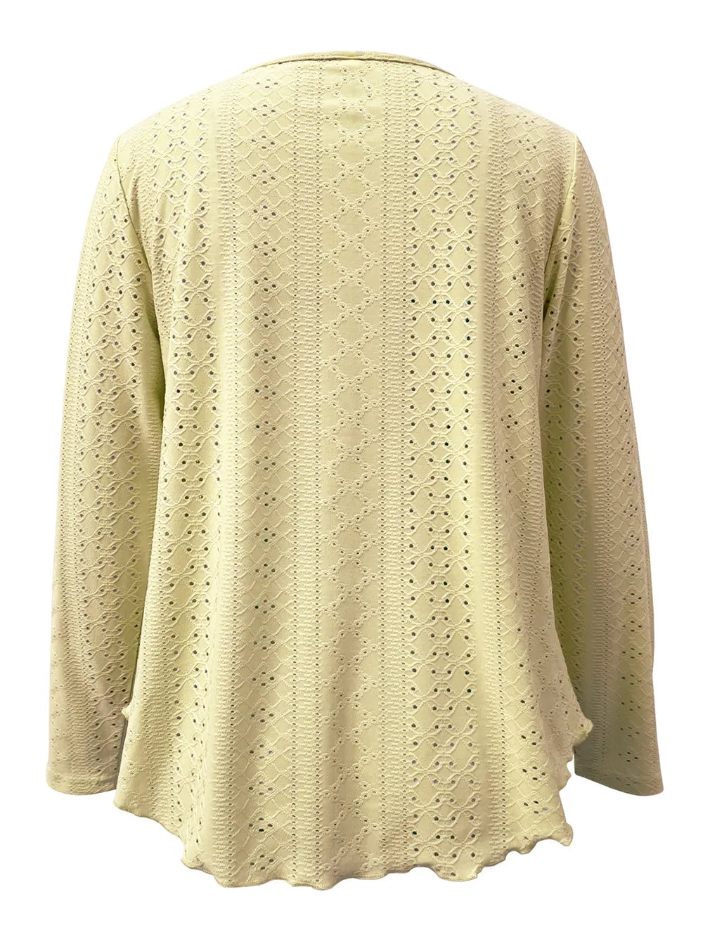 Elegant women's eyelet long sleeve blouse from Plush Fashion Hub, featuring stretchy fabric and versatile office-ready style.