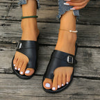 Women's PU leather toe loop sandals with buckle accent from Plush Fashion Hub, stylish and comfortable summer shoe.