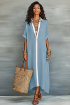 Color-block shirt maxi dress for women by Plush Fashion Hub featuring a loose fit, long length, button front, and contrasting collar.