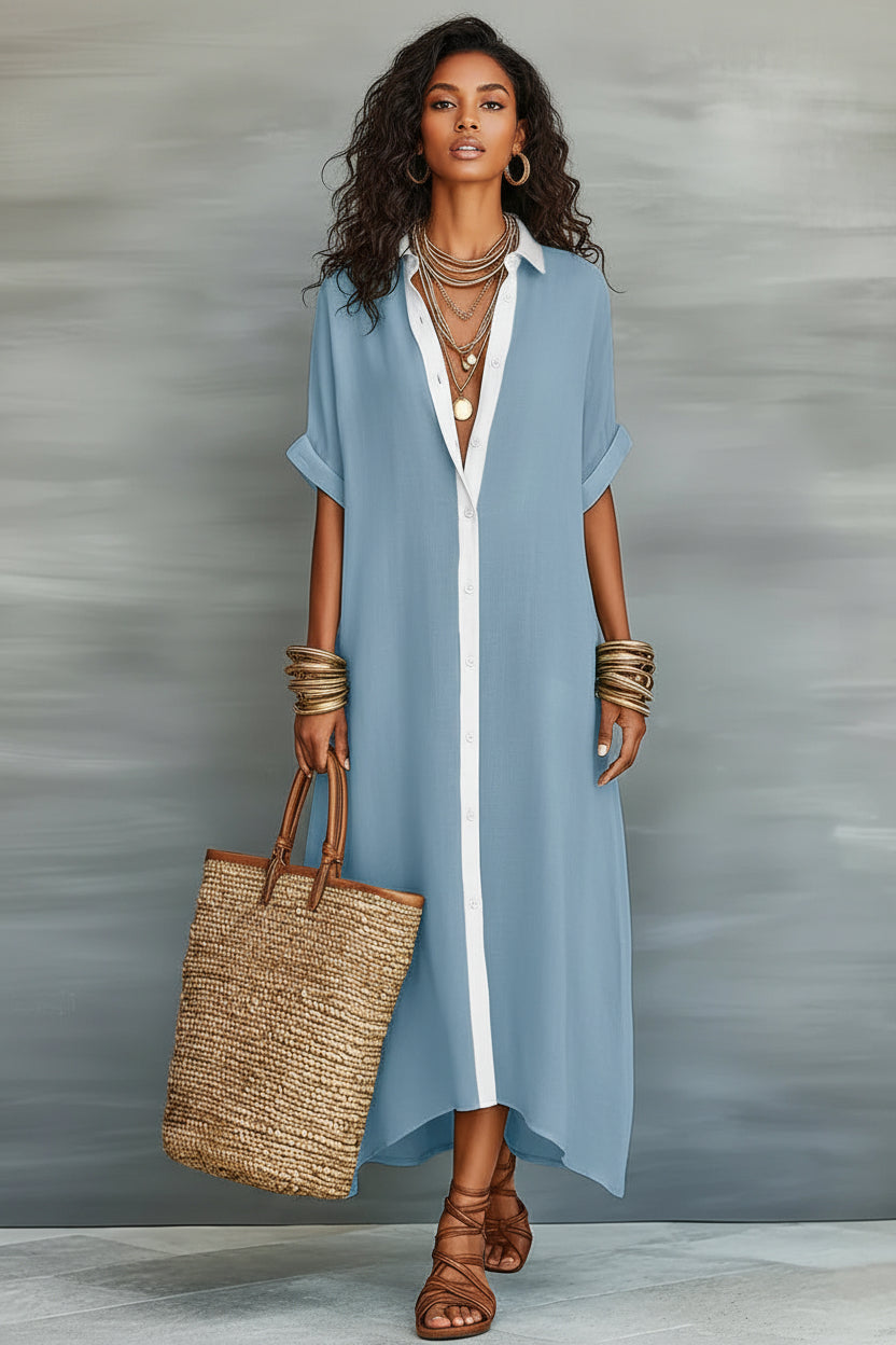 Color-block shirt maxi dress for women by Plush Fashion Hub featuring a loose fit, long length, button front, and contrasting collar.