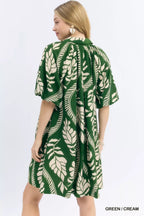 Umgee leafy ogee print mini dress featuring a flowy silhouette and vibrant pattern, perfect for casual or summer wear.