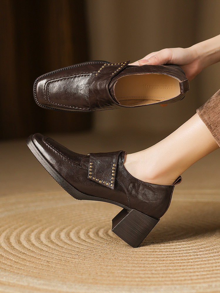 Women's British style square toe chunky heel pumps with deep vamp and studded details from Plush Fashion Hub.