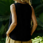 FitiqueFit cotton-linen sleeveless V-neck button shirt in three colors, casualwear for women, displayed on a hanger.