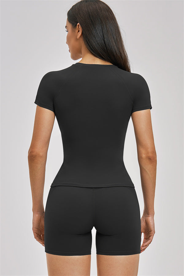 Fitglutes Activewear Zenith T-shirt and shorts 2-piece set, black workout gymwear for men featuring breathable fabric and athletic fit.