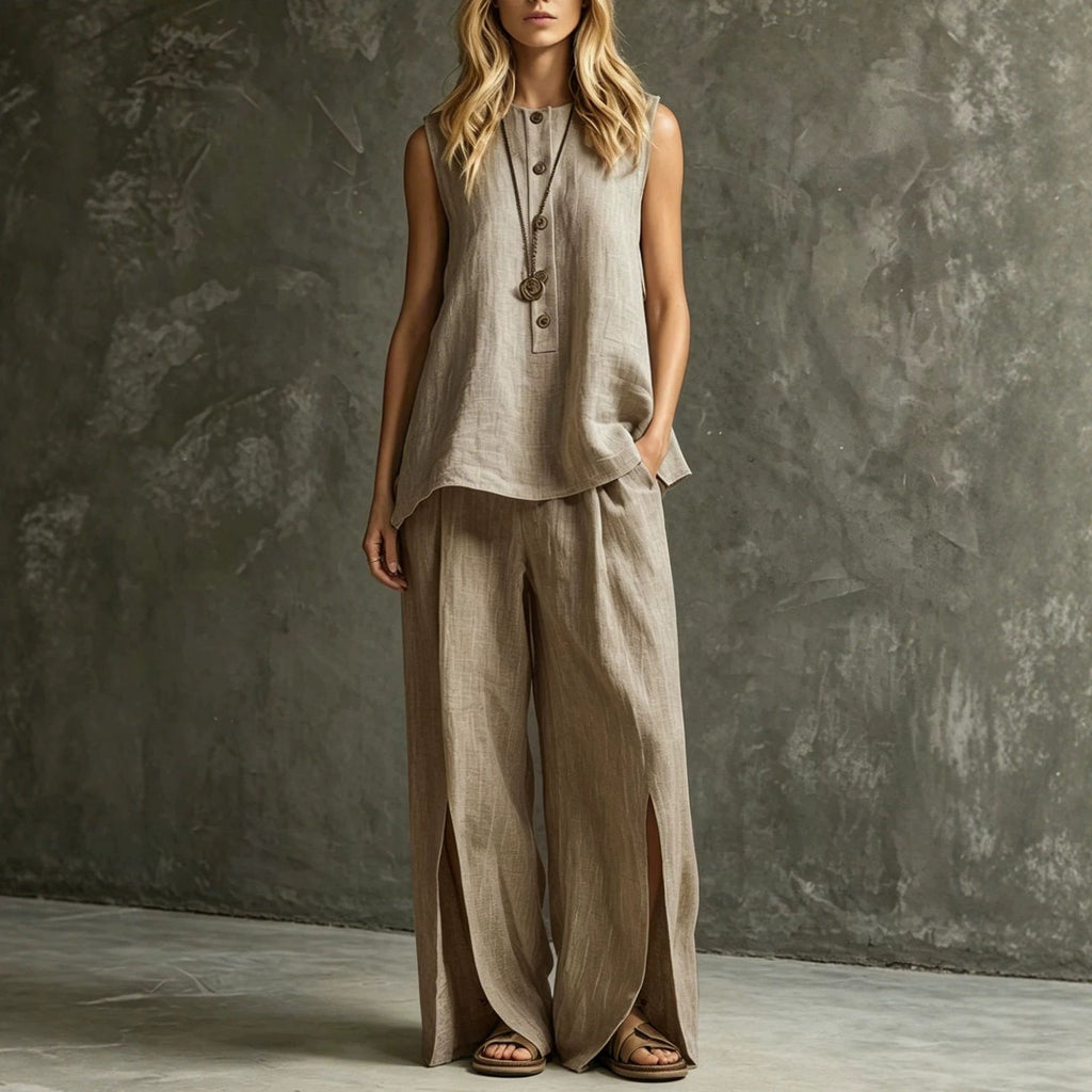Women's sleeveless tank top and slit wide-leg pants two-piece casual set by Plush Fashion Hub, featuring relaxed fit and stylish design.