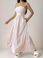 Striped strapless casual maxi dress by Simply Love, featuring a flowing design and bold horizontal stripe pattern.