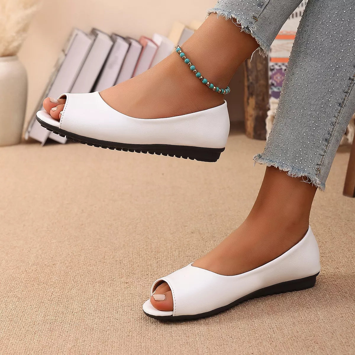 Shopimist peep toe flats sandals featuring a stylish open toe design and comfortable slip-on style.