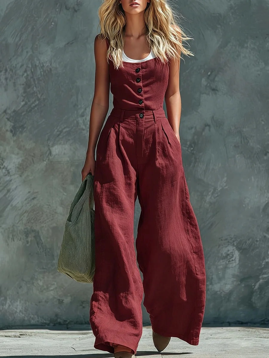 Women's retro button-front high-waist wide-leg jumpsuit in casualwear style, designed by Plush Fashion Hub, shown in the image.