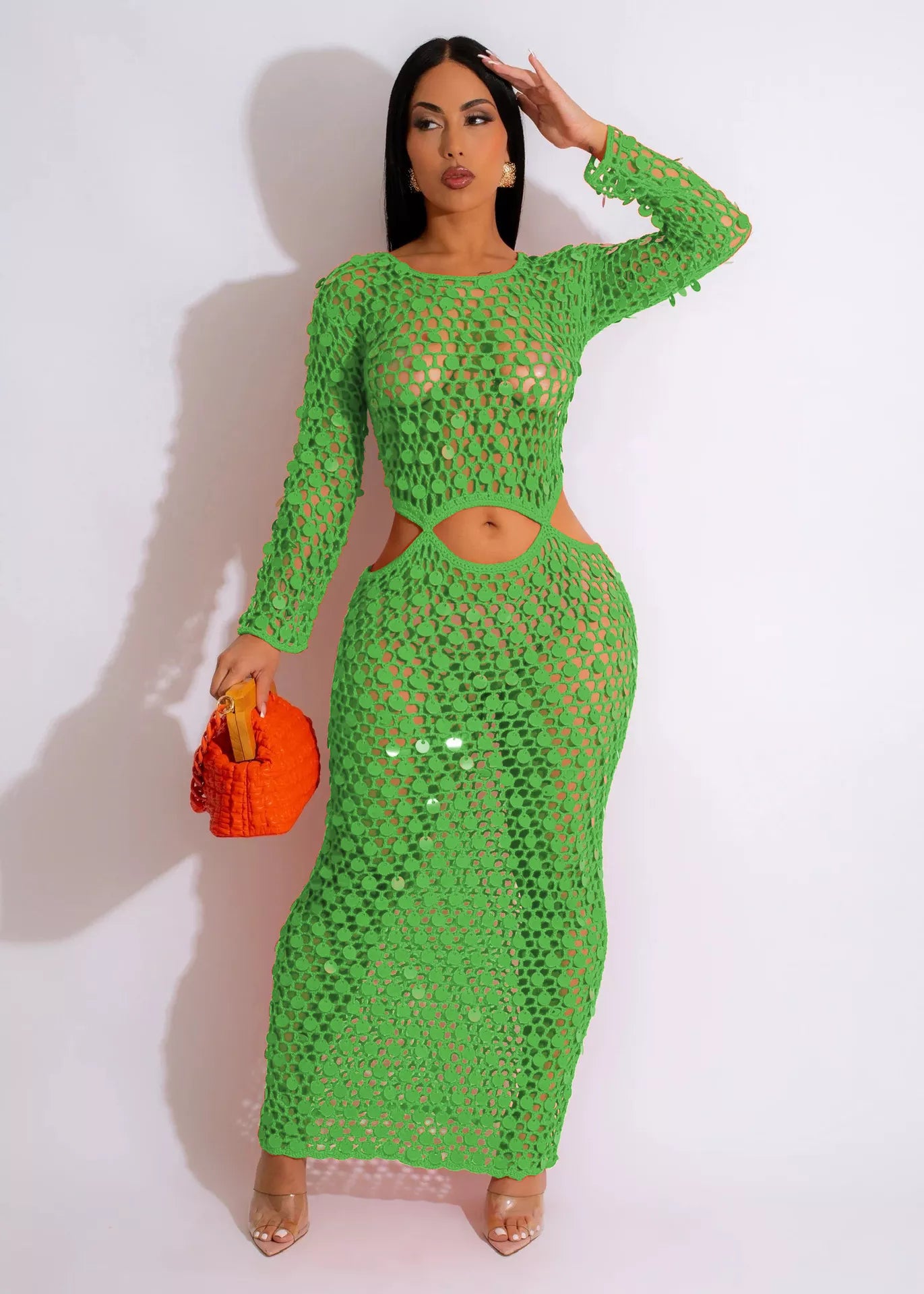 Sequin mesh cutout maxi dress by Plush Fashion Hub featuring shimmering sequins and stylish cutouts for a glamorous look.