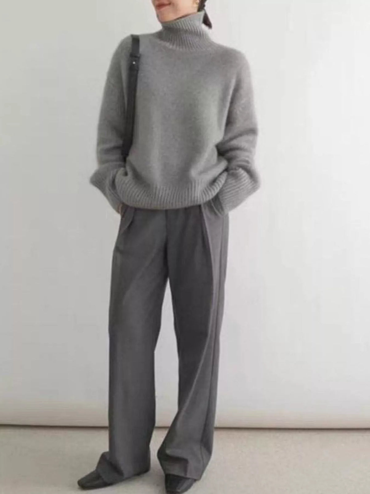 Gray turtleneck dropped shoulder sweater by Simply Love, featuring a cozy knit fabric and relaxed fit.