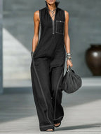 LadyShow women's sleeveless summer jumpsuit with stand-up collar, pockets, casual style, and trousers for a fashionable look.