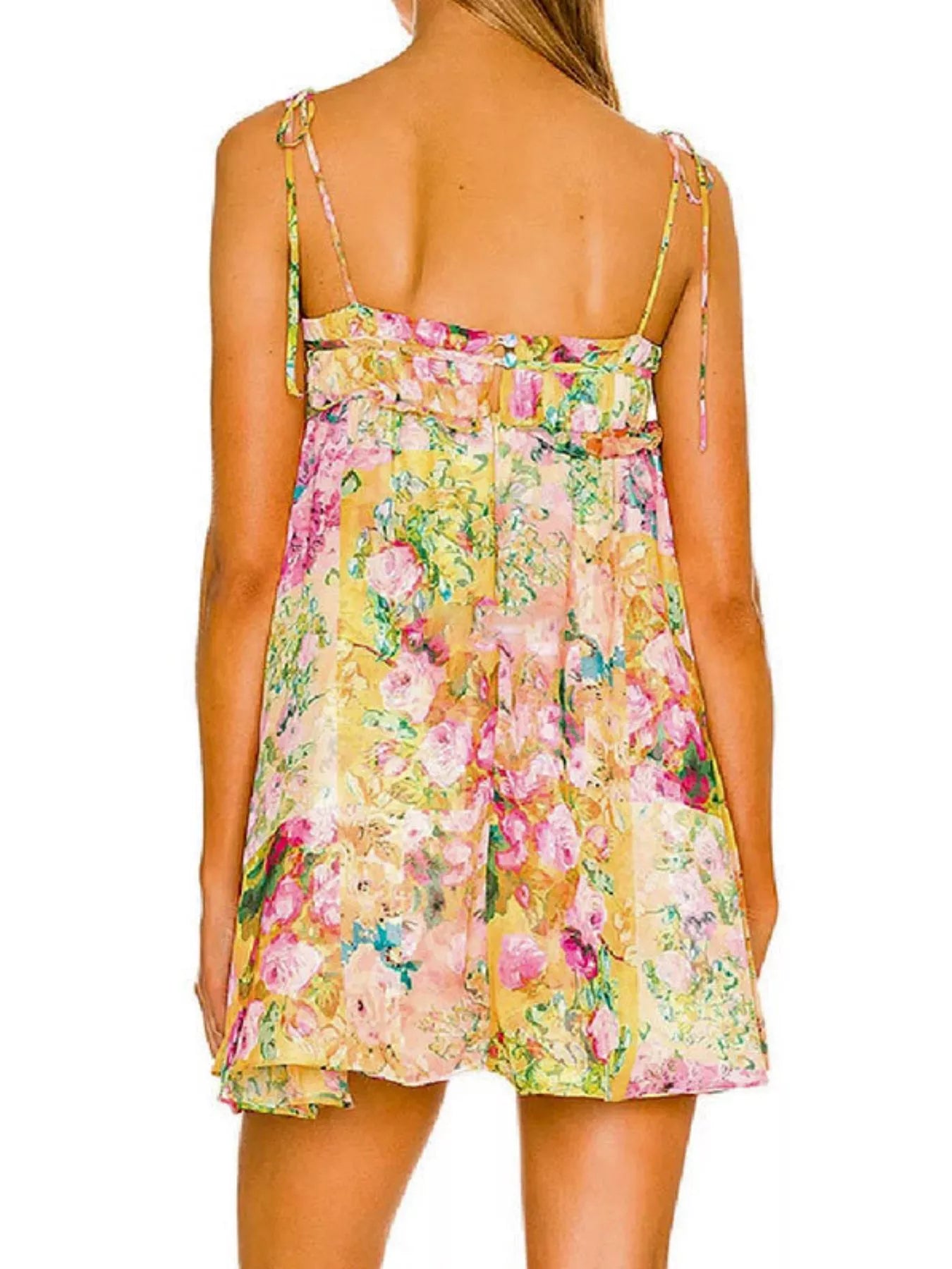 Floral print tie-shoulder mini dress from Trendsi featuring a feminine design and vibrant floral pattern.