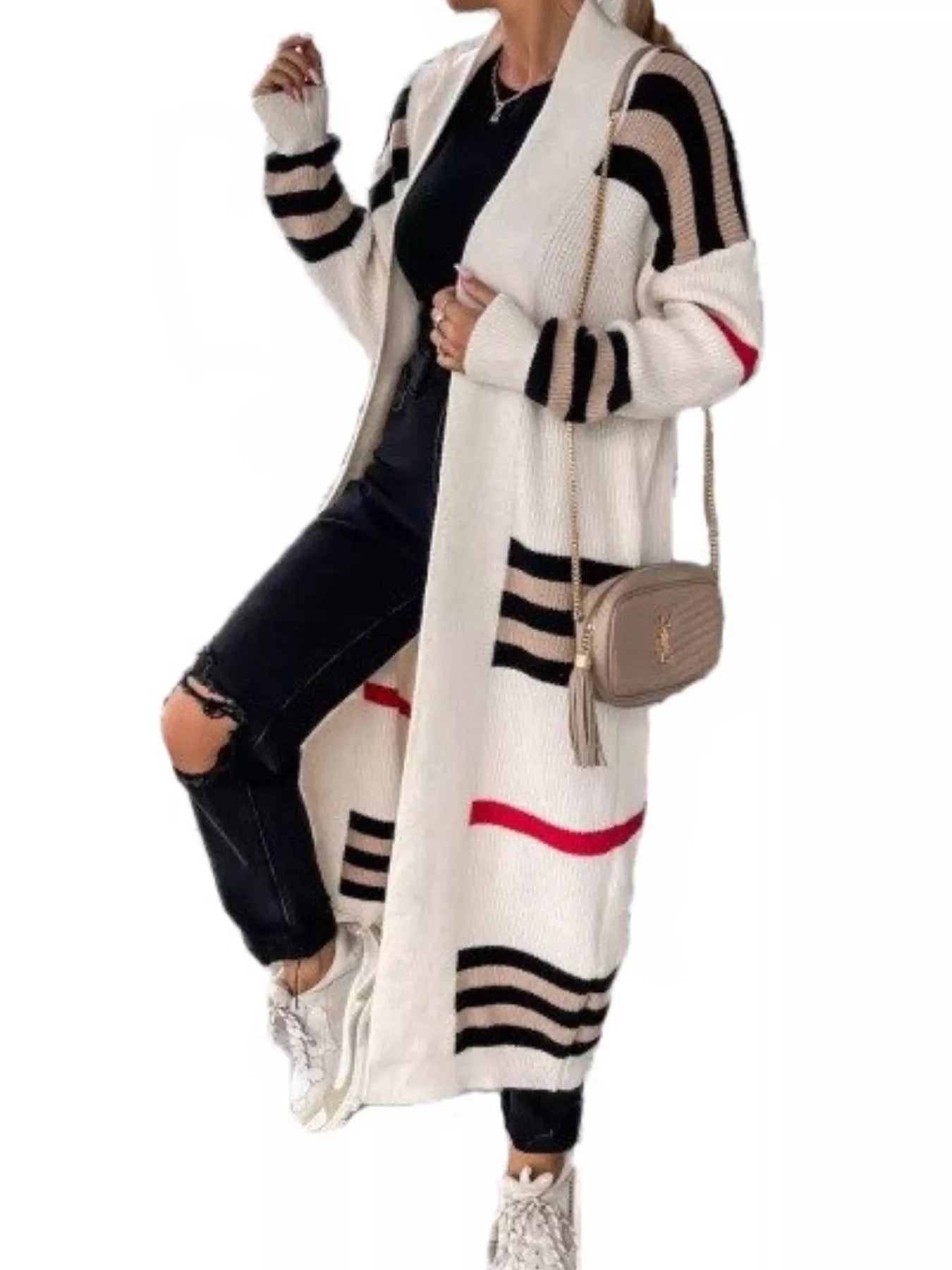 Striped longline open front cardigan by Simply Love, featuring a relaxed fit and stylish horizontal stripe pattern.