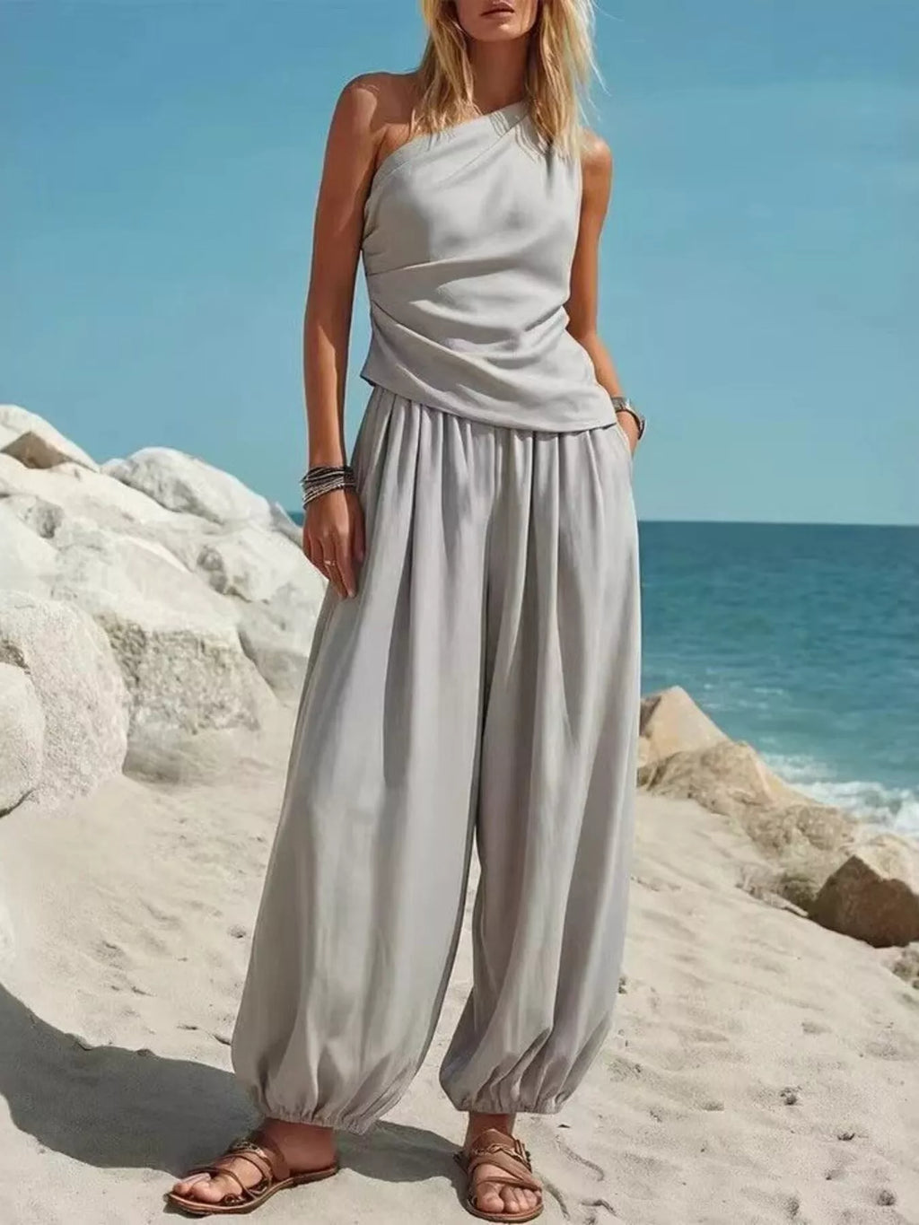 Plus size Plush Fashion Hub one-shoulder top with wide-leg pants set, stylish and comfortable piece pants set for women.
