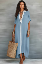 Color-Block Shirt Maxi Dress – Women's Loose Button-Front Long Dress with Contrast Collar