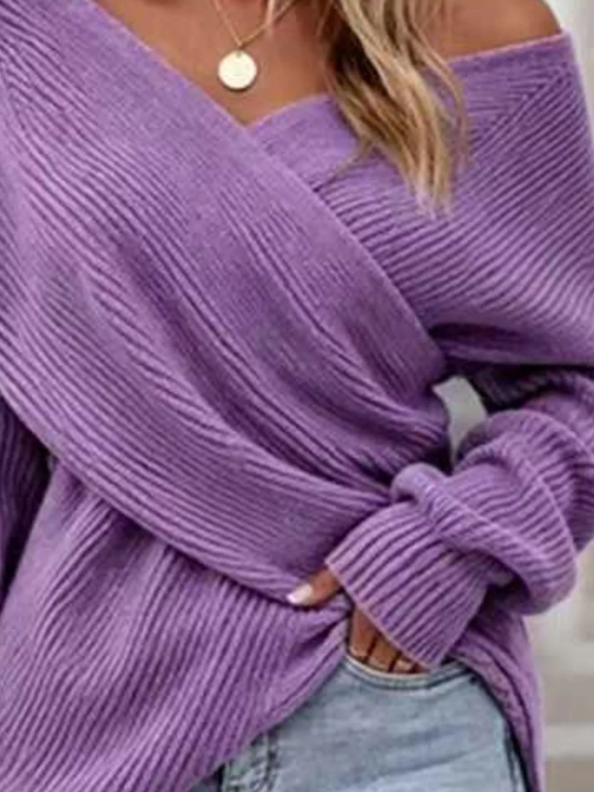 Crisscross ribbed knit long sleeve sweater in neutral color, stylish and cozy, from Trendsi.