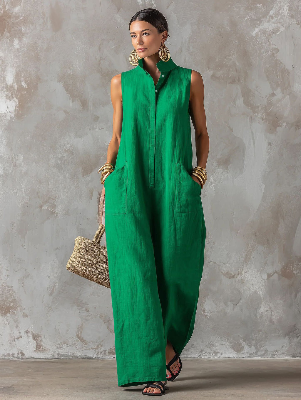 Linen blend sleeveless jumpsuit with stand collar by FitiqueFit in multiple colors, styled for casual wear, size S to 3XL.