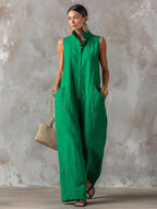 Linen blend sleeveless jumpsuit with stand collar by FitiqueFit in multiple colors, styled for casual wear, size S to 3XL.