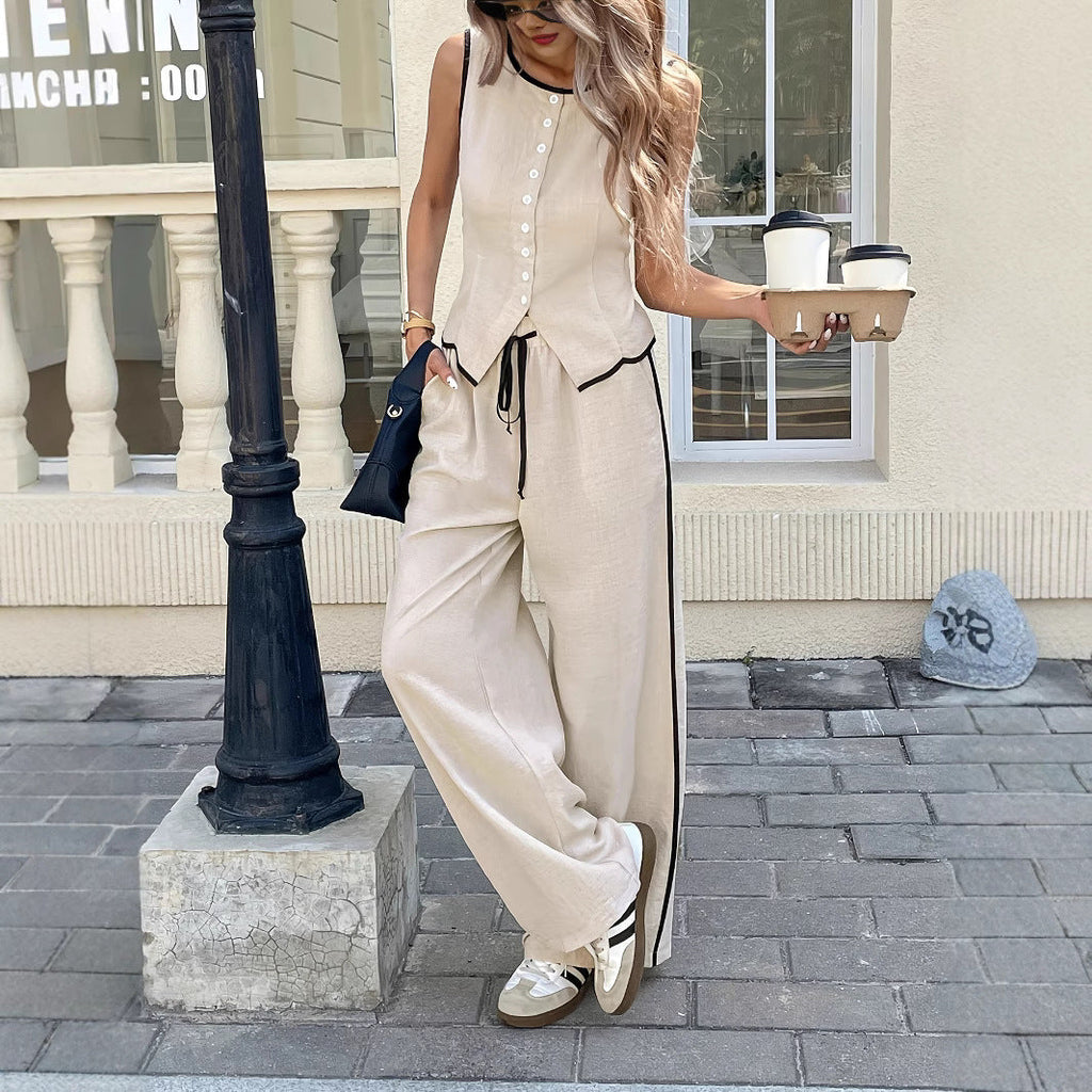 Women's contrast color sleeveless vest and drawstring trousers two-piece set by FitiqueFit, available in six colors, size S to XXL.