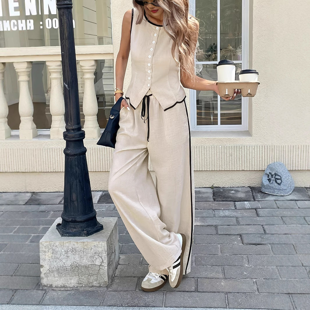 Women's contrast color sleeveless vest and drawstring trousers two-piece set by FitiqueFit, available in six colors, size S to XXL.