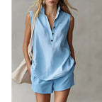Women's casual sleeveless cardigan top and shorts set by FitiqueFit, featuring a stylish sleeveless design and comfortable fit.
