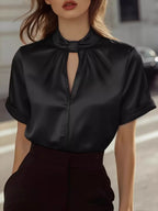 Satin keyhole short sleeve blouse by Shopimist featuring a smooth fabric, elegant keyhole neckline, and short sleeves.