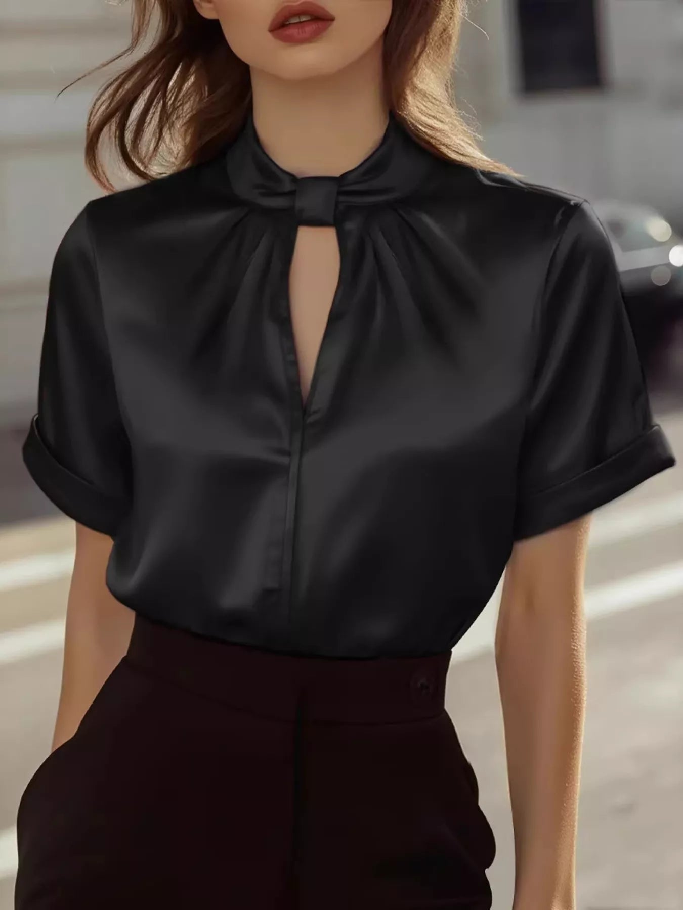 Satin keyhole short sleeve blouse by Shopimist featuring a smooth fabric, elegant keyhole neckline, and short sleeves.