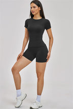 Fitglutes Activewear Zenith T-shirt and shorts 2-piece set, gym and workout clothes, casual sporty style, front view.