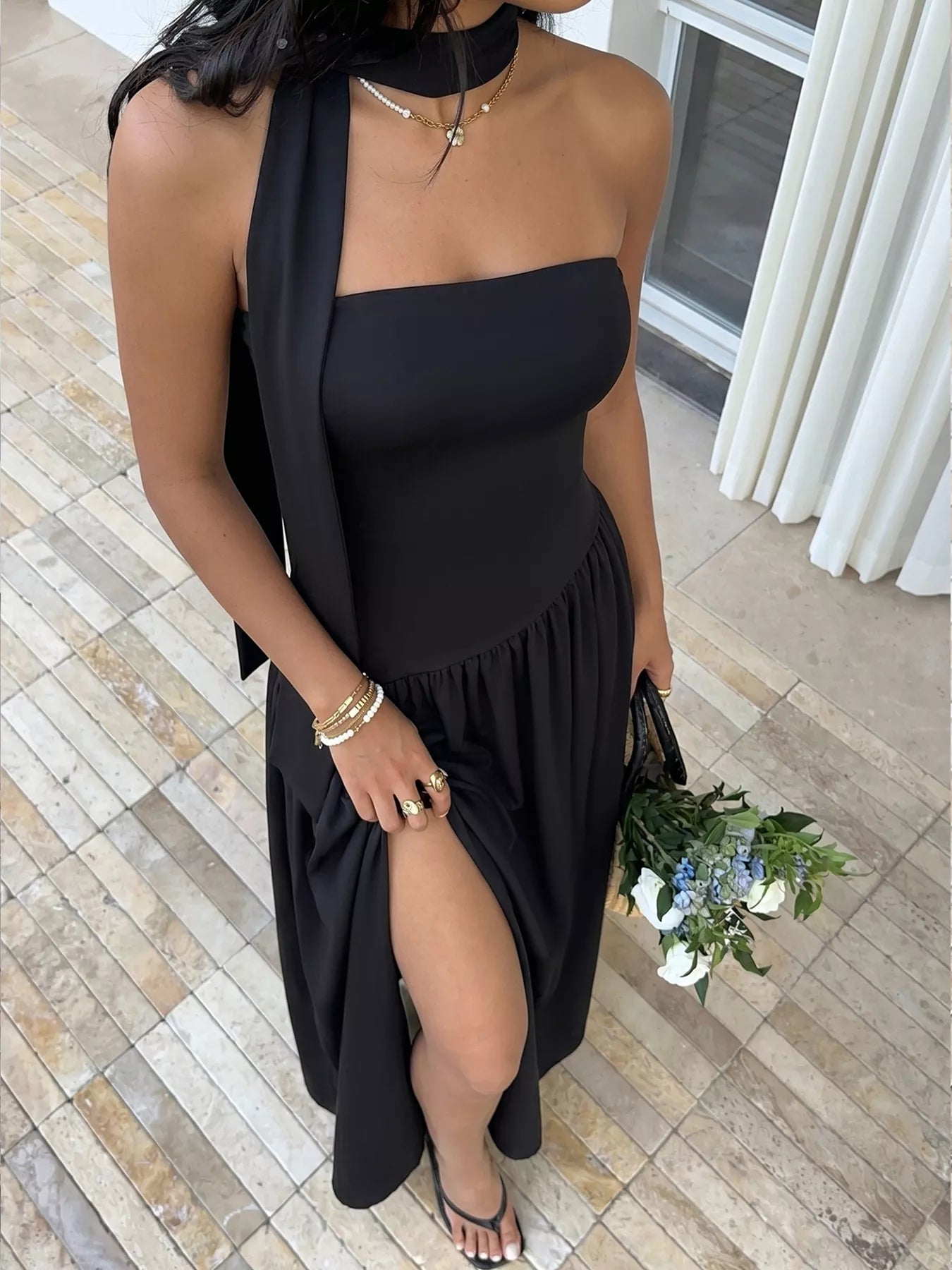 Elegant slit tube maxi dress with a matching scarf from Trendsi, featuring a sleek, form-fitting design perfect for stylish occasions.