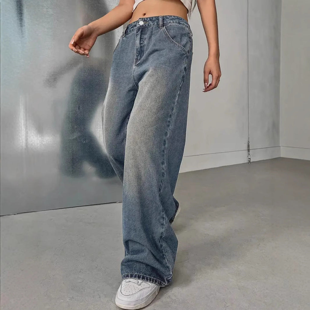 European and American women's washed vintage denim pants by LadyShow.Store, showcasing a relaxed fit with faded distressed details.