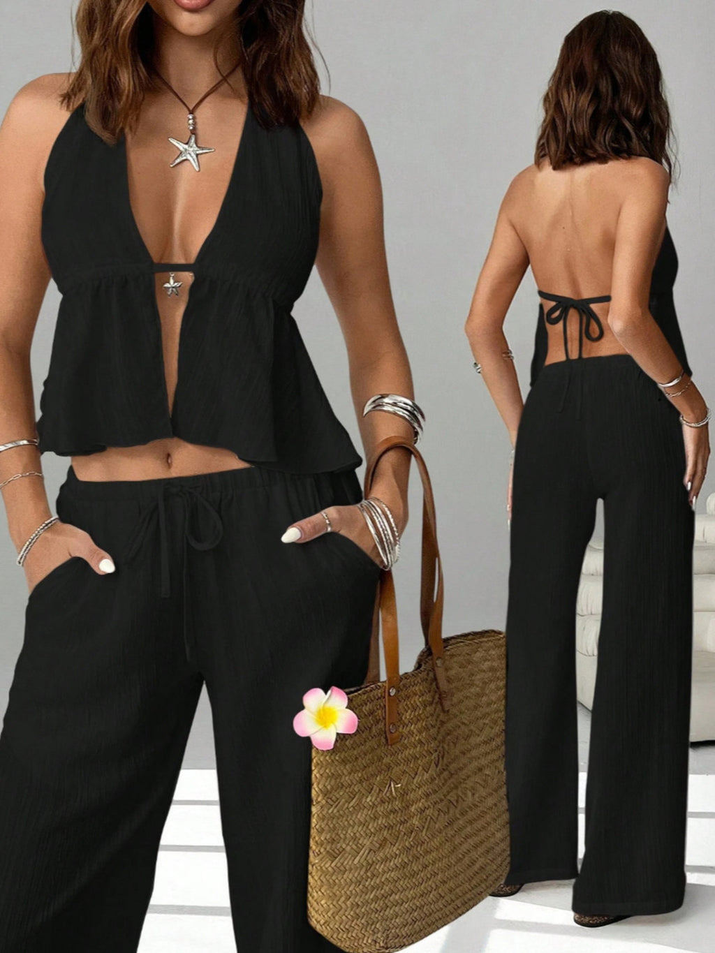 Women's chic halter neck cami and drawstring pants two-piece set by Trendsi, featuring a stylish halter top and matching pants.
