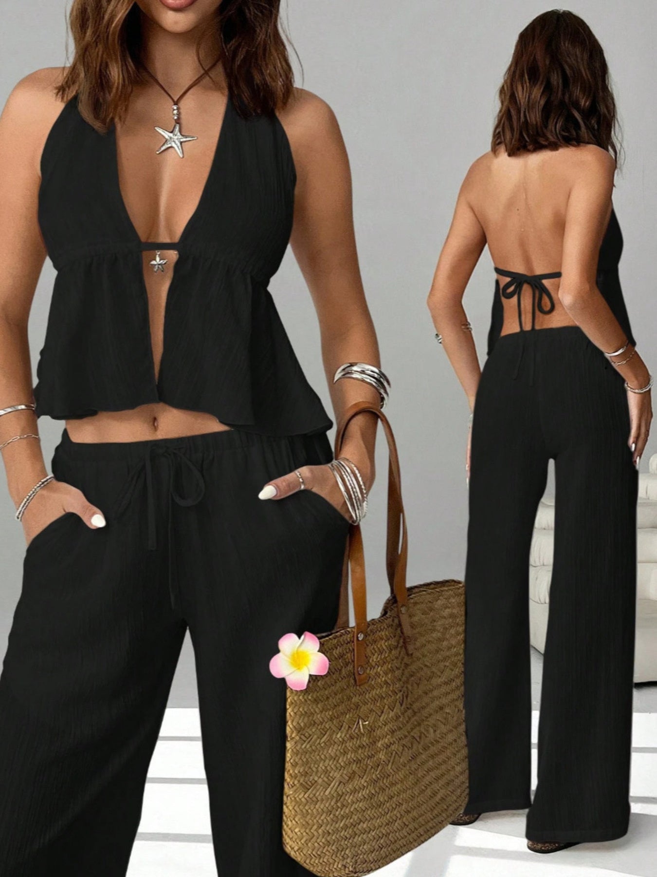 Women's chic halter neck cami and drawstring pants two-piece set by Trendsi, featuring a stylish halter top and matching pants.