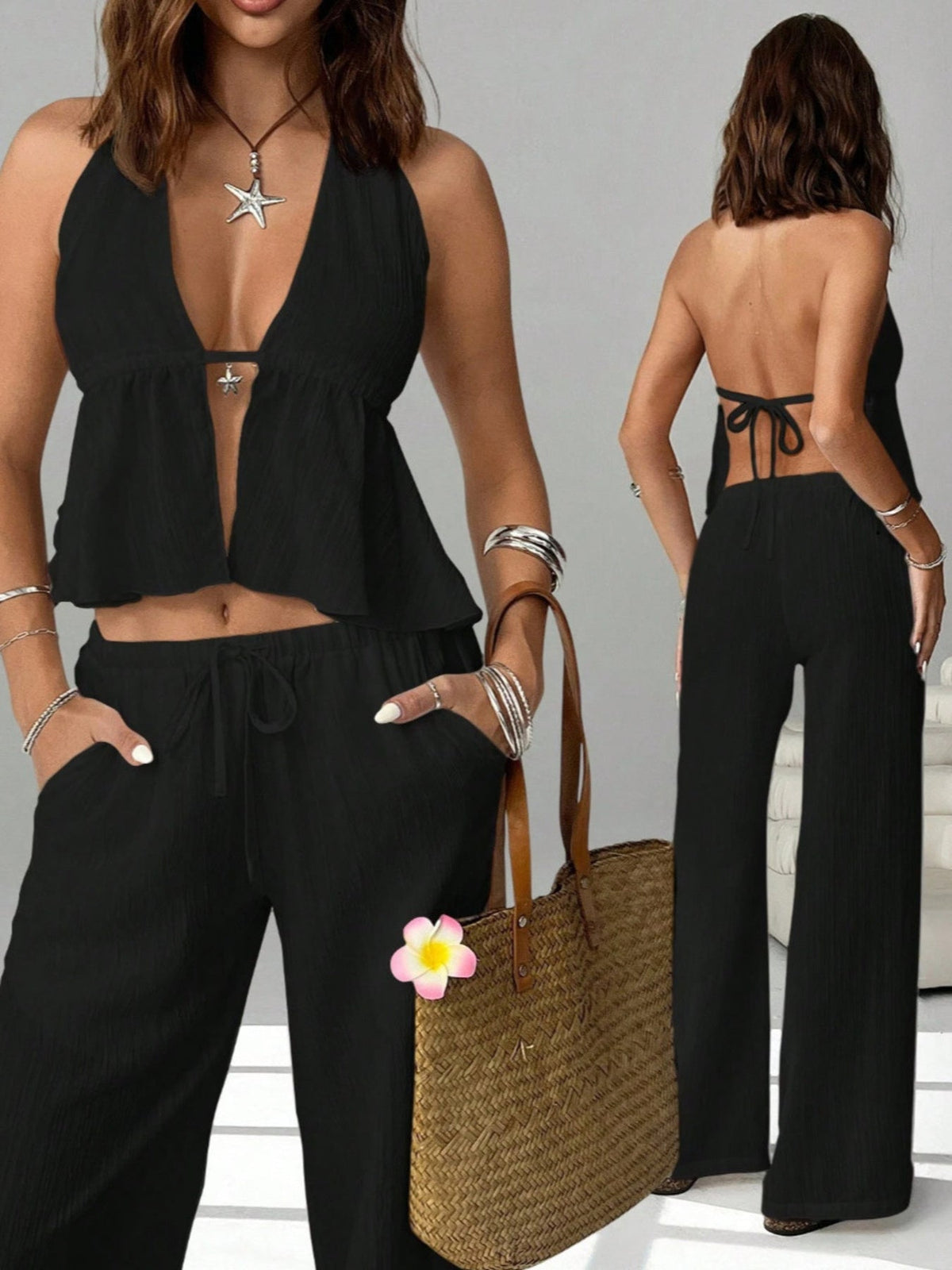 Plush Fashion Hub halter neck cami and pants set, two-piece outfit featuring a stylish halter top and matching pants, casual chic look.