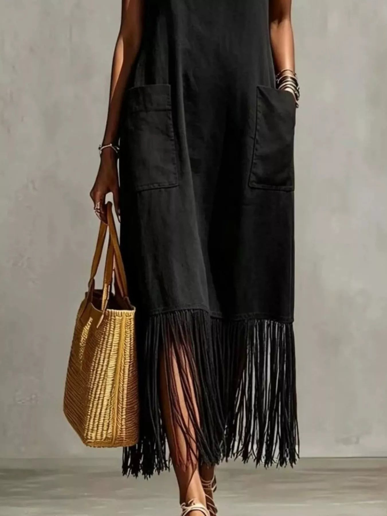 Plus size fringe V-neck spaghetti strap dress by Shopimist, showcasing the flowing fabric and stylish design.