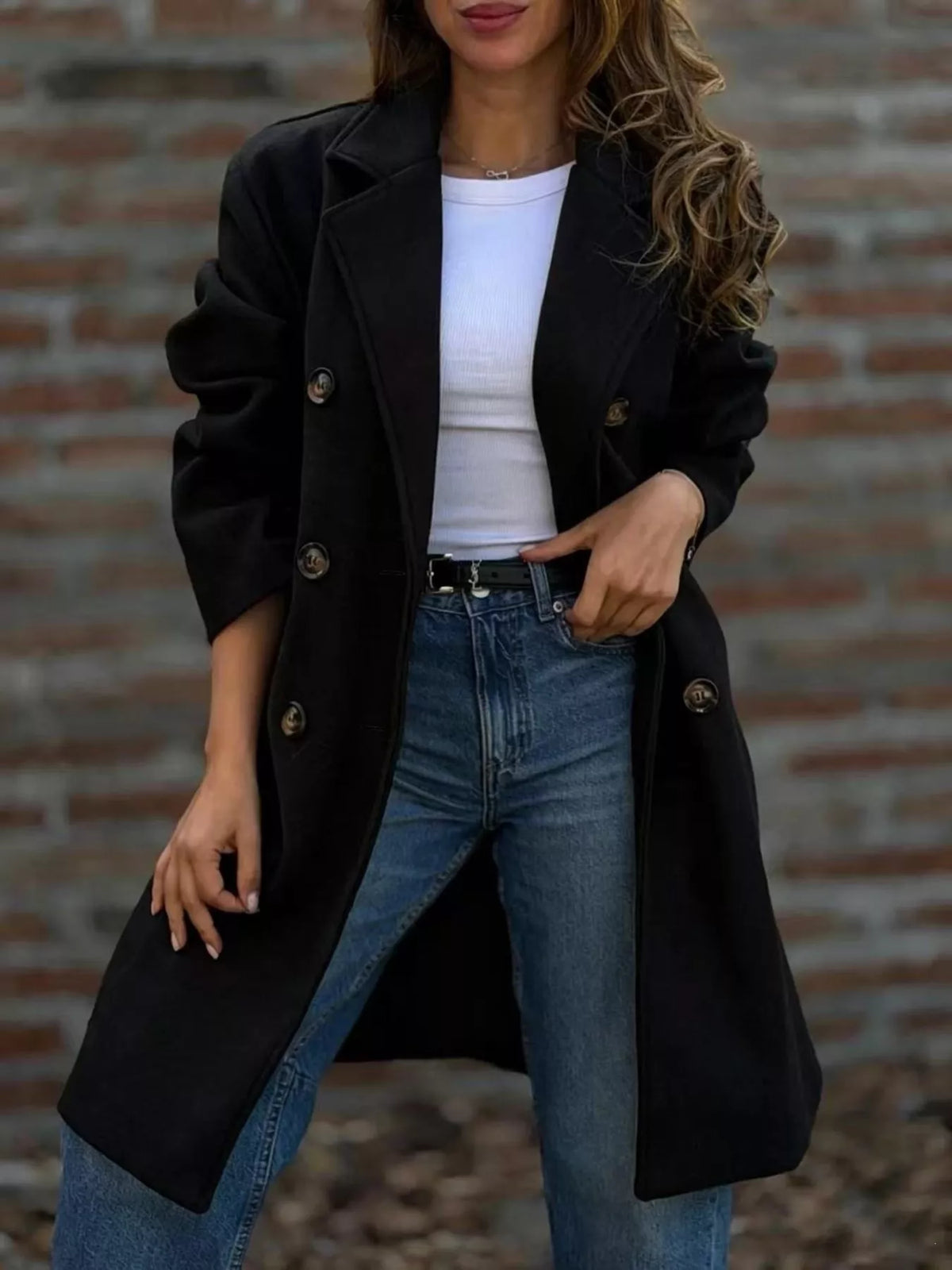 Plus size double-breasted lapel collar coat in casualwear, featuring full-size fit and stylish design by Trendsi.