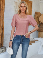 Plush Fashion Hub eyelet asymmetrical neck short sleeve T-shirt, casual tops with unique neckline and comfortable fit.