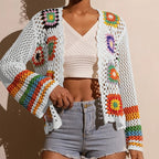 Women's elegant crochet cardigan by FitiqueFit, featuring intricate knit patterns and a stylish, lightweight design.